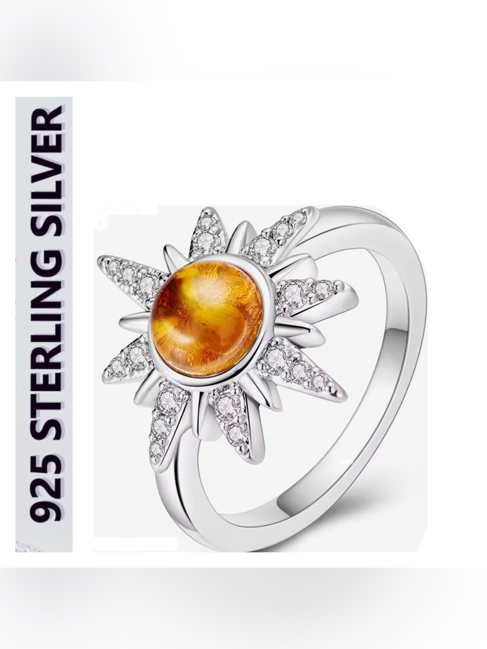 🌟🌟 S925 Sterling Silver Sunburst Ring with Amber Cabochon